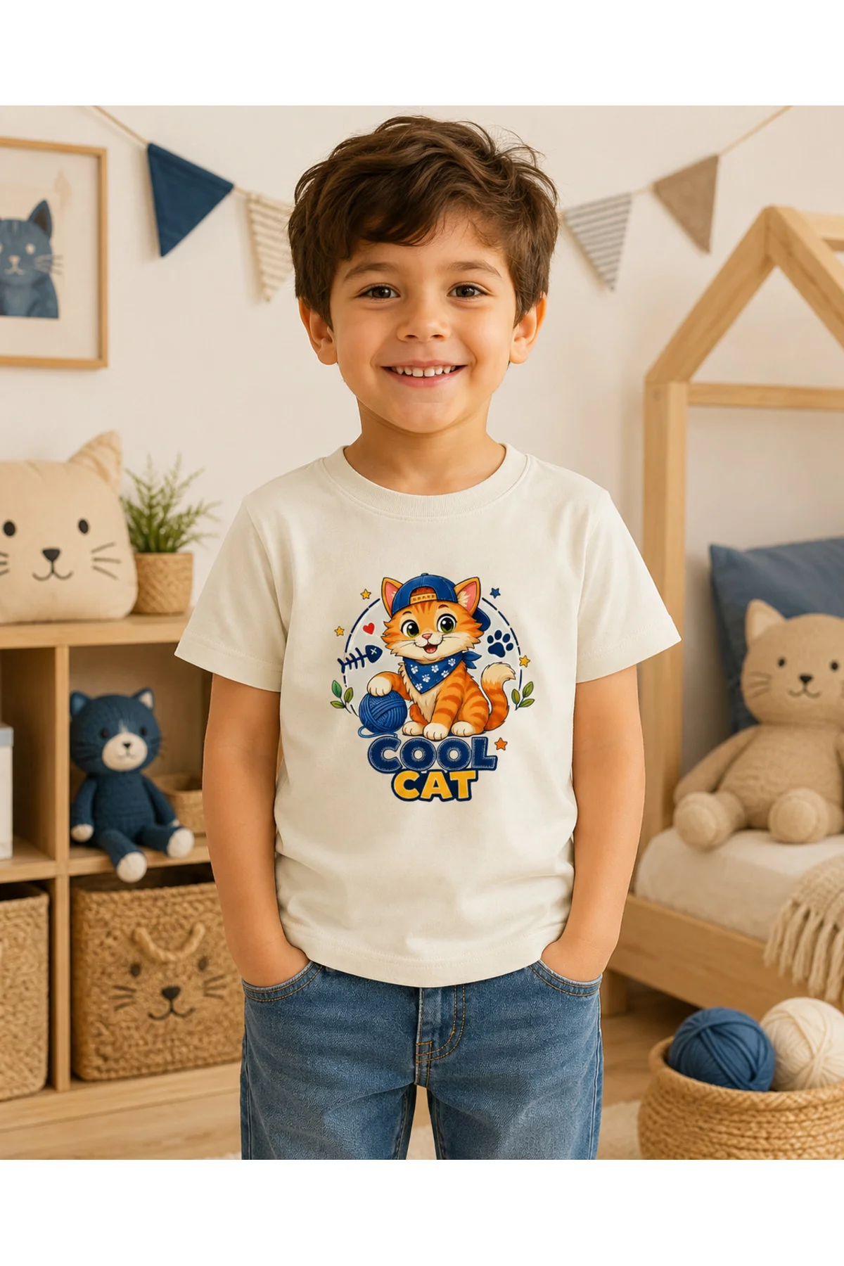 Çocuk Sevimli Kedi Baskılı Kısa Kollu Bisiklet Yaka T-Shirt