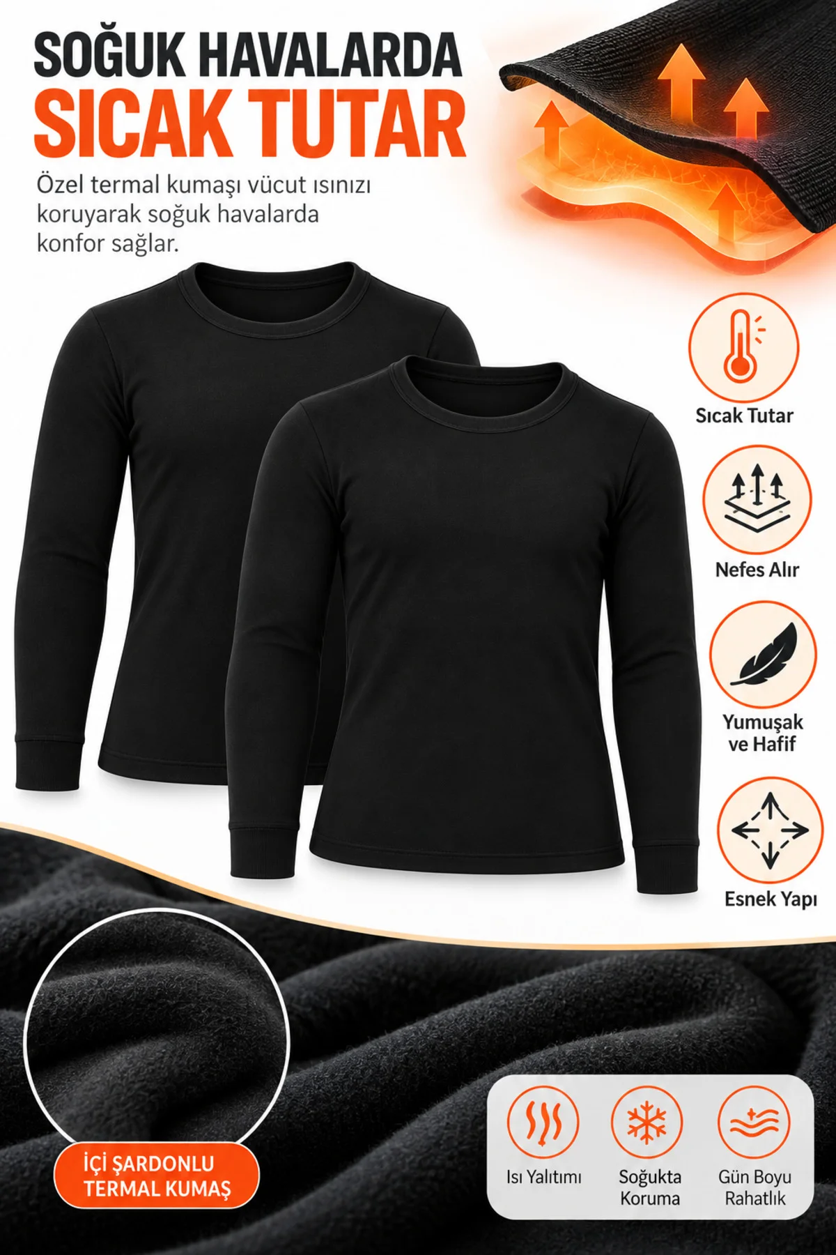 Çocuk Termal Üst İçlik 2'li Siyah İçi Şardonlu Uzun Kollu Kışlık Unisex 3-14 Yaş