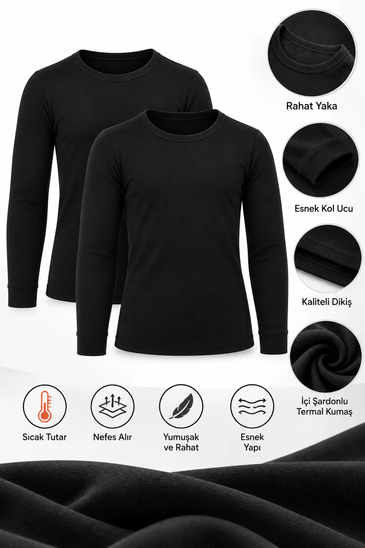 Çocuk Termal Üst İçlik 2'li Siyah İçi Şardonlu Uzun Kollu Kışlık Unisex 3-14 Yaş