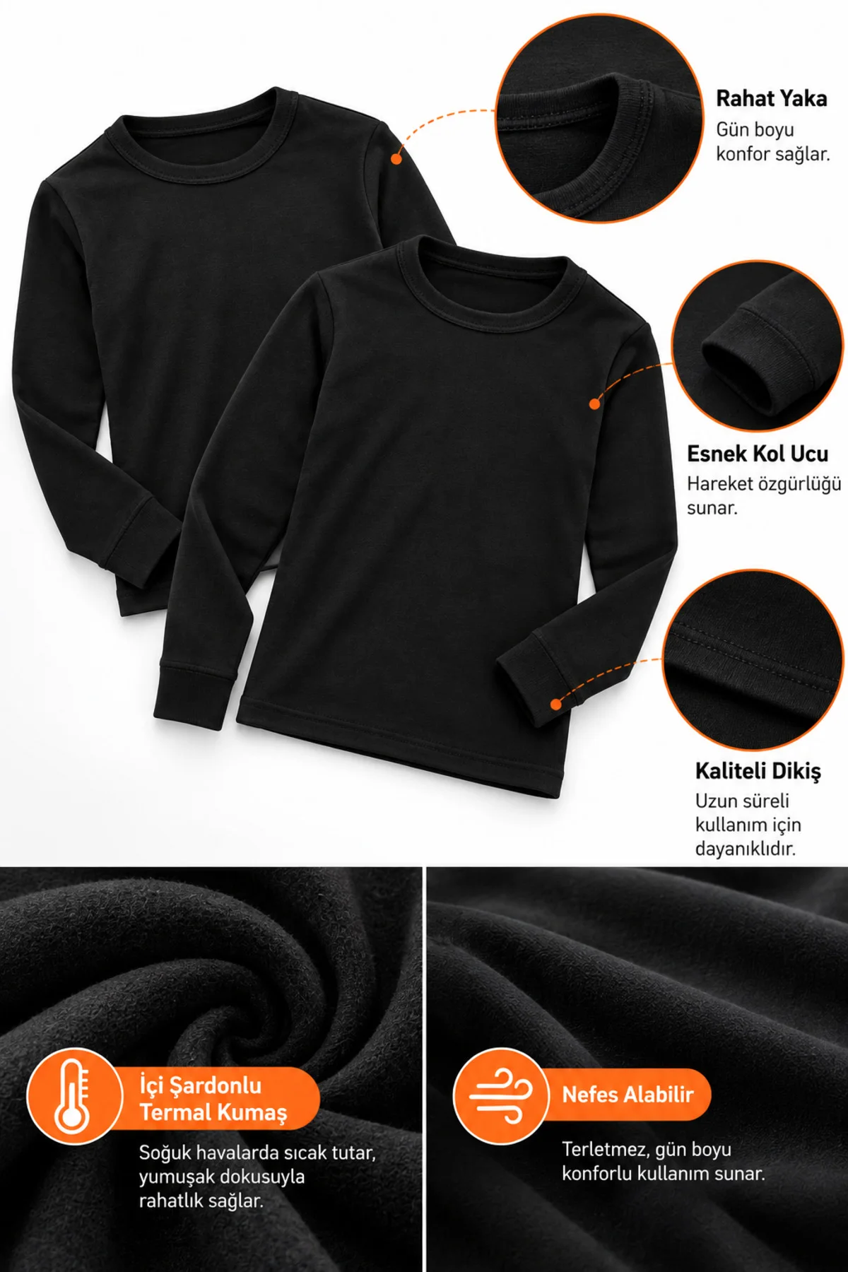 Çocuk Termal Üst İçlik 2'li Siyah İçi Şardonlu Uzun Kollu Kışlık Unisex 3-14 Yaş