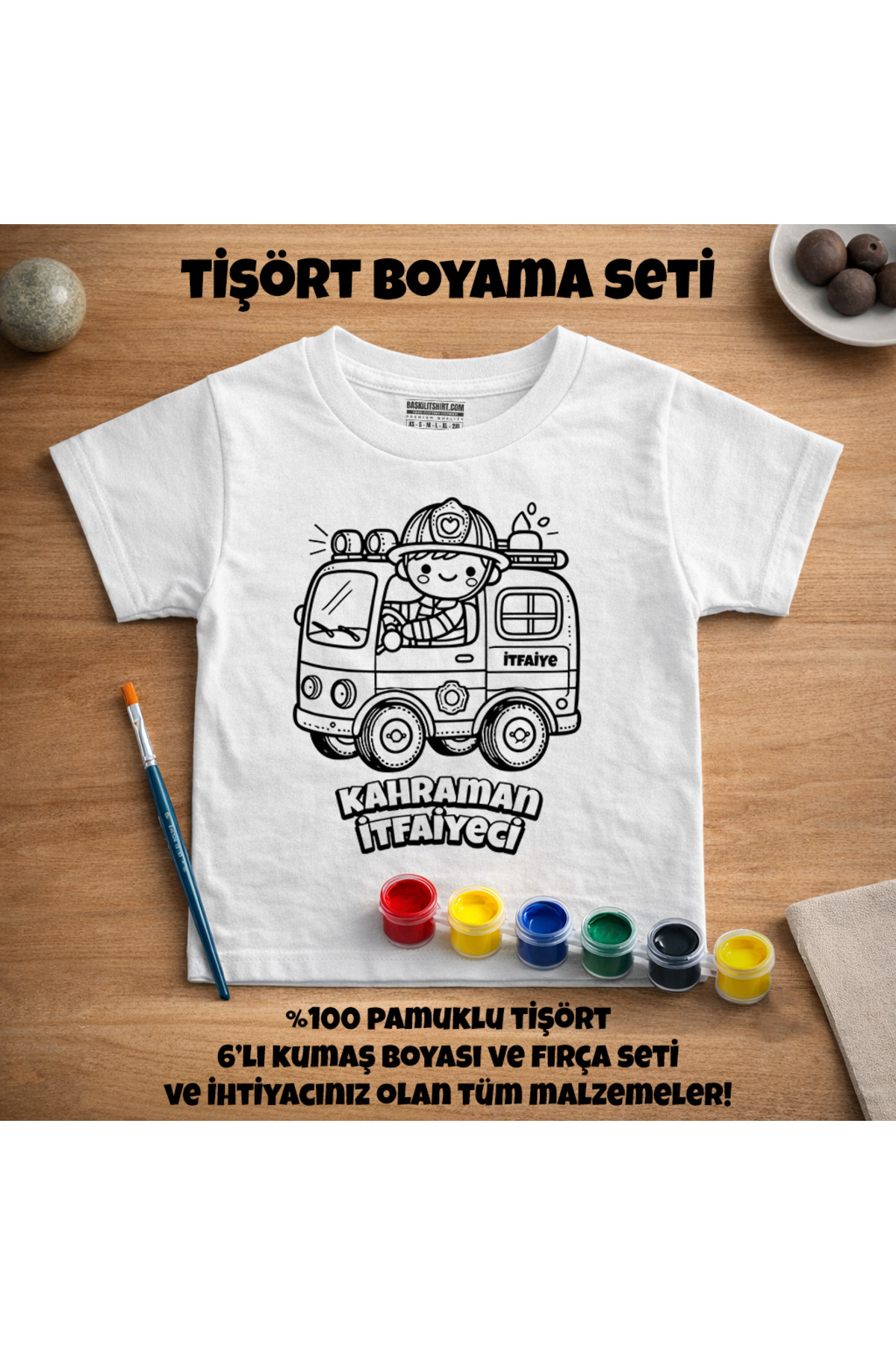 Çocuk Tişört Boyama Seti – İtfaiye Boyanabilir Tişört Eğitici ve 
