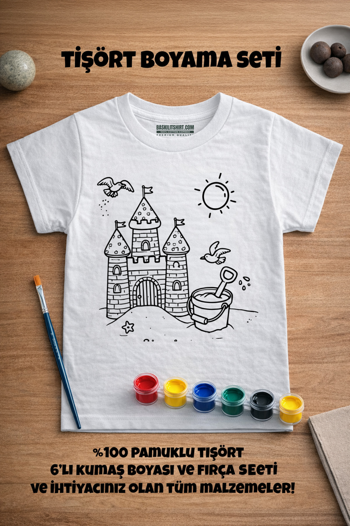 Çocuk Tişört Boyama Seti – Kumdan Kale Boyanabilir Tişört Eğitici