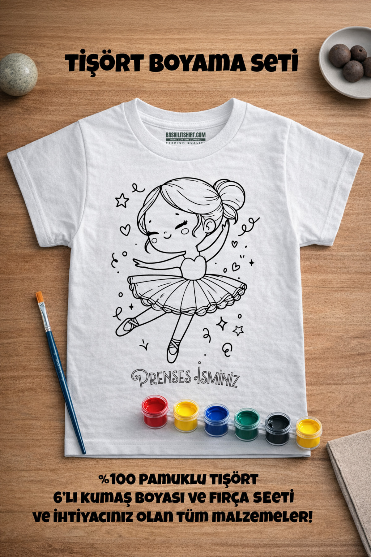 Çocuk Tişört Boyama Seti – Prenses İsim Yazılabilir Boyanabilir E