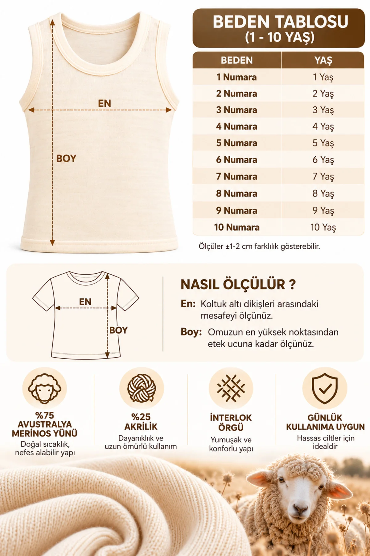 Çocuk Unisex Yün Atlet Kısa Kollu Termal İçlik İnterlok Örgü Kışlık 1-10 Yaş - Görsel 8