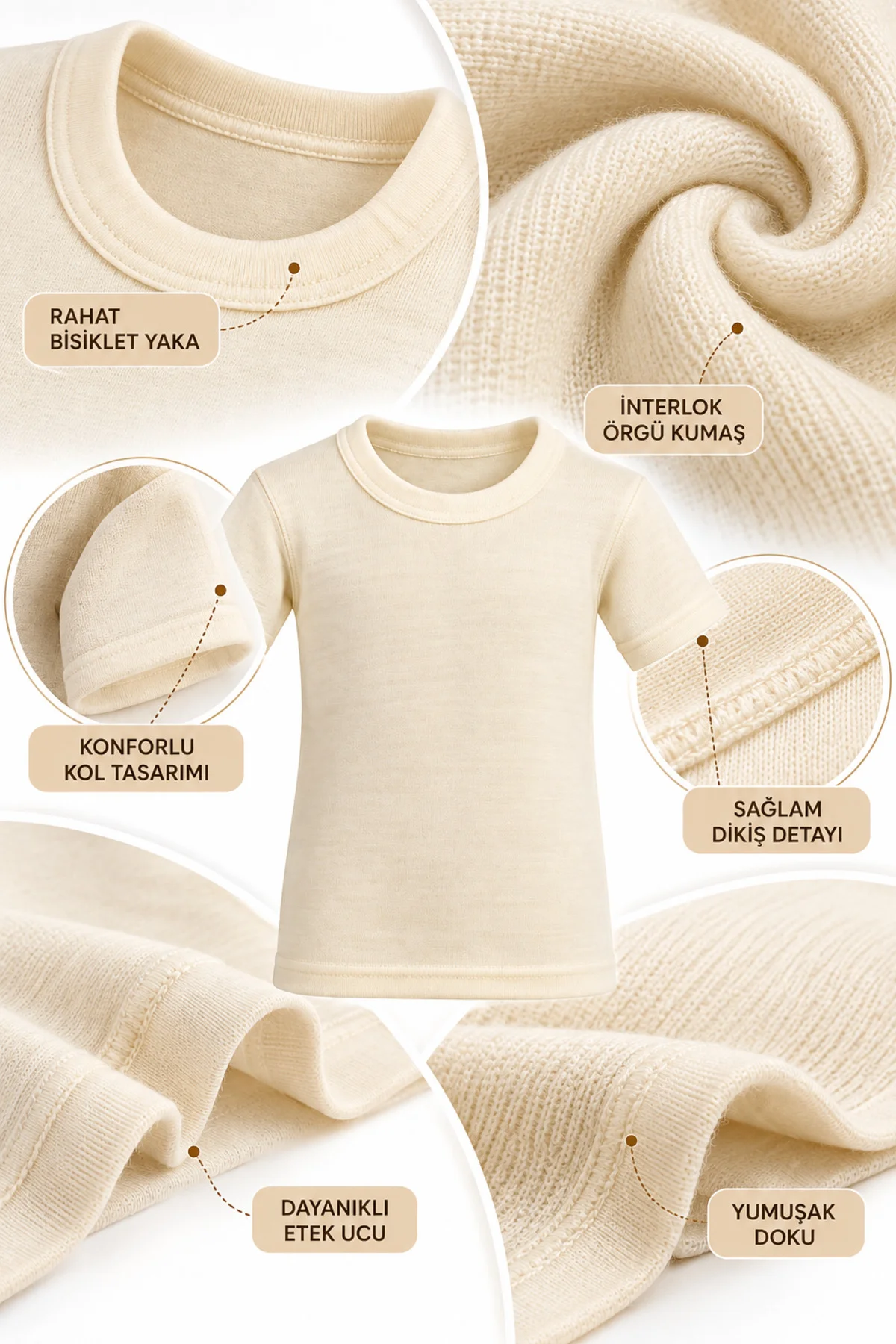 Çocuk Unisex Yün Atlet Kısa Kollu Termal İçlik İnterlok Örgü Kışlık 1-10 Yaş - Görsel 3