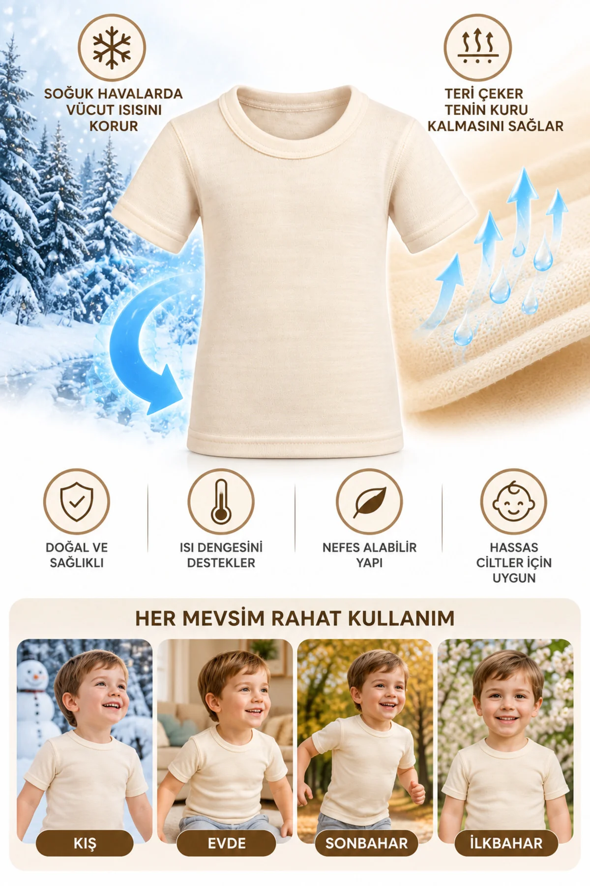 Çocuk Unisex Yün Atlet Kısa Kollu Termal İçlik İnterlok Örgü Kışlık 1-10 Yaş - Görsel 5