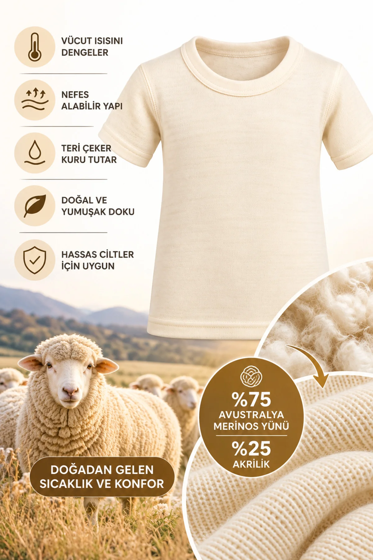 Çocuk Unisex Yün Atlet Kısa Kollu Termal İçlik İnterlok Örgü Kışlık 1-10 Yaş - Görsel 6