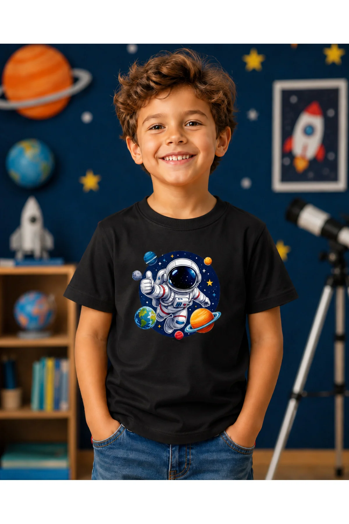 Çocuk Uzay Astronot Baskılı Kısa Kollu Bisiklet Yaka T-Shirt