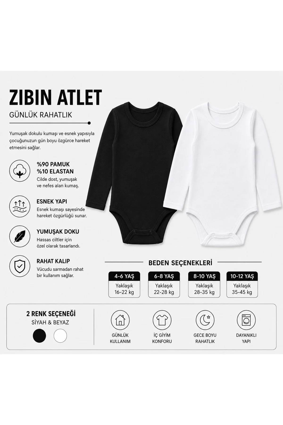 Çocuk Uzun Kollu Zıbın Body %90 Pamuk %10 Elastan Kancalı Esnek İç Giyim Atlet Siyah Beyaz 4-12 Yaş Fiyatı, Yorumları ve Özellikleri