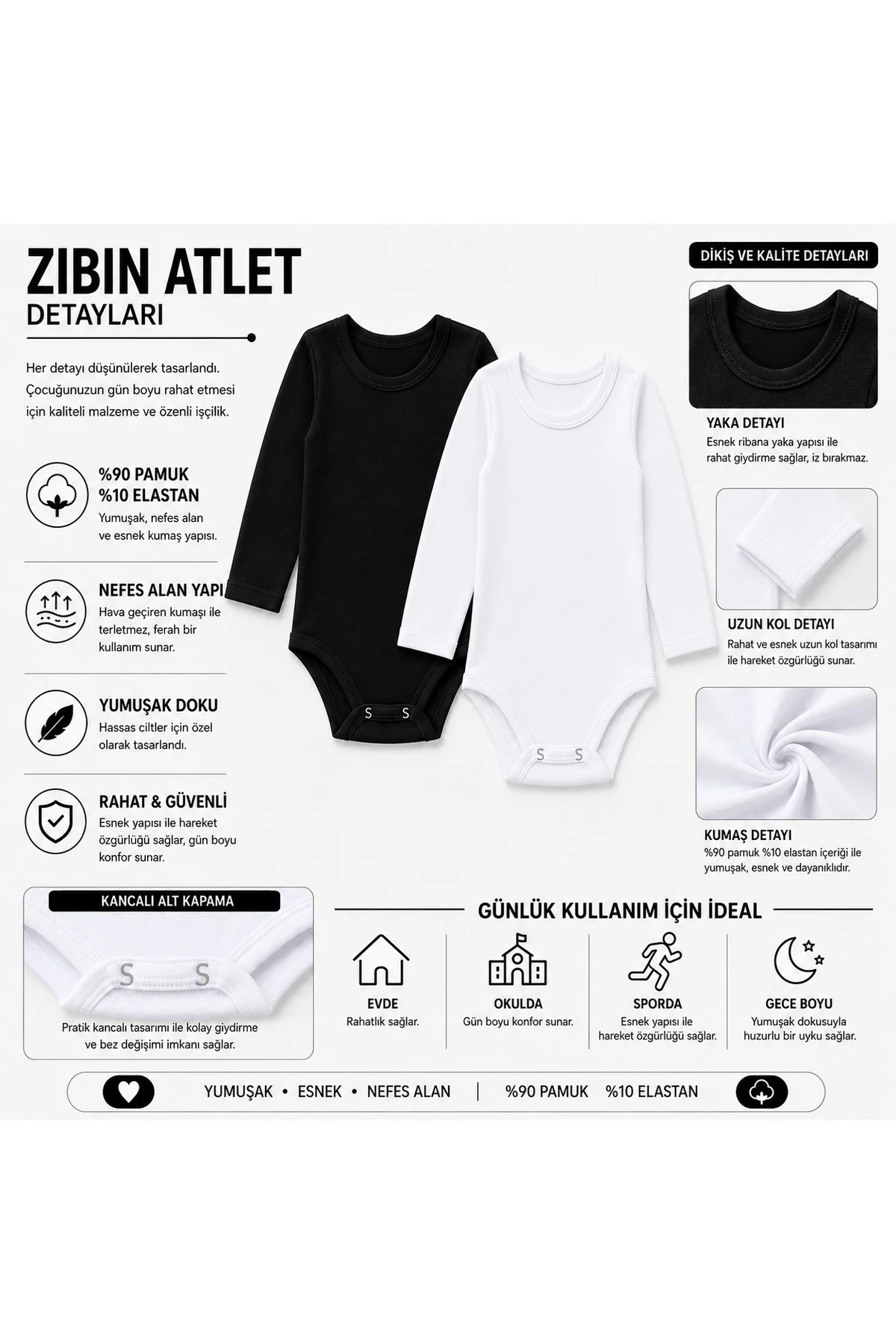 Çocuk Uzun Kollu Zıbın Body %90 Pamuk %10 Elastan Kancalı Esnek İç Giyim Atlet Siyah Beyaz 4-12 Yaş Fiyatı, Yorumları ve Özellikleri