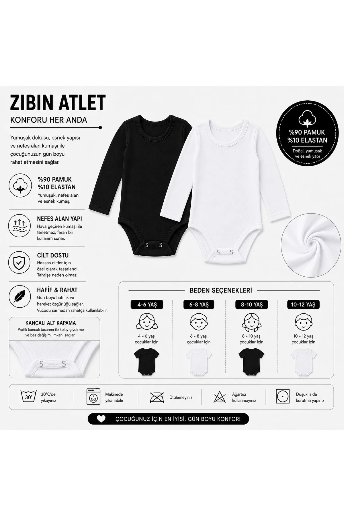 Çocuk Uzun Kollu Zıbın Body %90 Pamuk %10 Elastan Kancalı Esnek İç Giyim Atlet Siyah Beyaz 4-12 Yaş Fiyatı, Yorumları ve Özellikleri