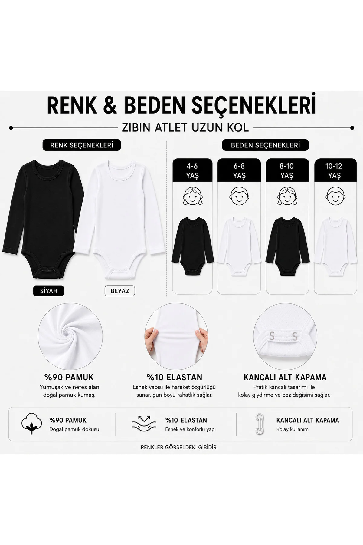 Çocuk Uzun Kollu Zıbın Body %90 Pamuk %10 Elastan Kancalı Esnek İç Giyim Atlet Siyah Beyaz 4-12 Yaş Fiyatı, Yorumları ve Özellikleri