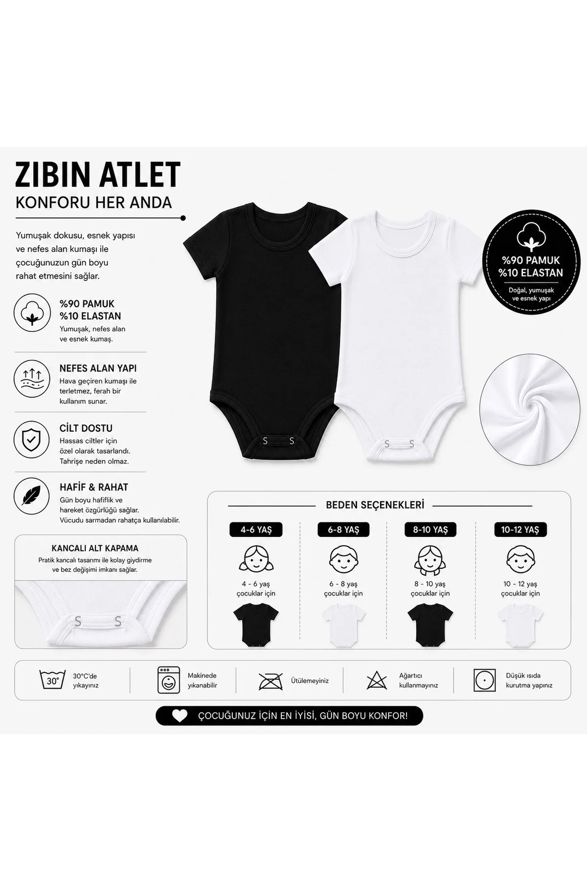 Çocuk Yarım Kollu Zıbın Atlet %90 Pamuk Esnek Kancalı Body Siyah Beyaz 4-12 Yaş Fiyatı, Yorumları ve Özellikleri