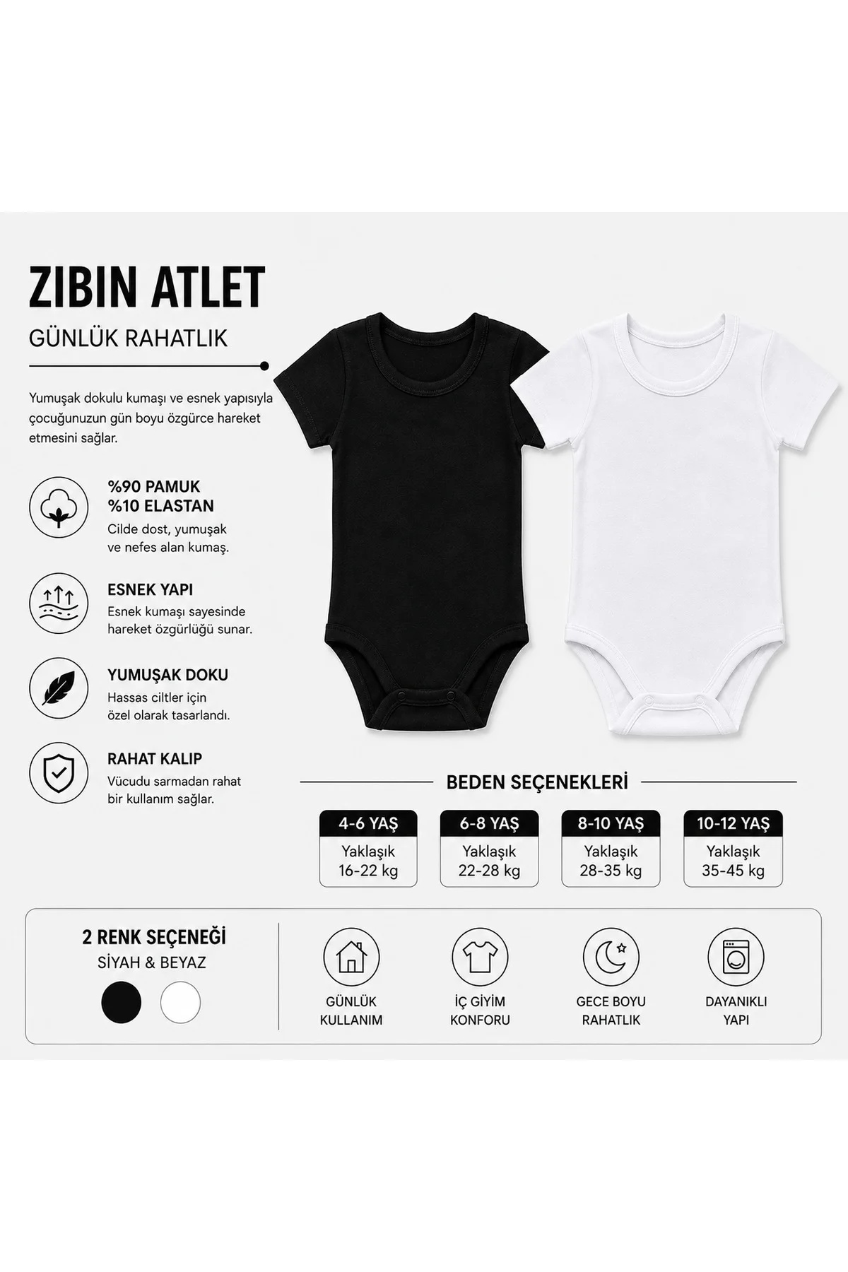 Çocuk Yarım Kollu Zıbın Atlet %90 Pamuk Esnek Kancalı Body Siyah Beyaz 4-12 Yaş Fiyatı, Yorumları ve Özellikleri