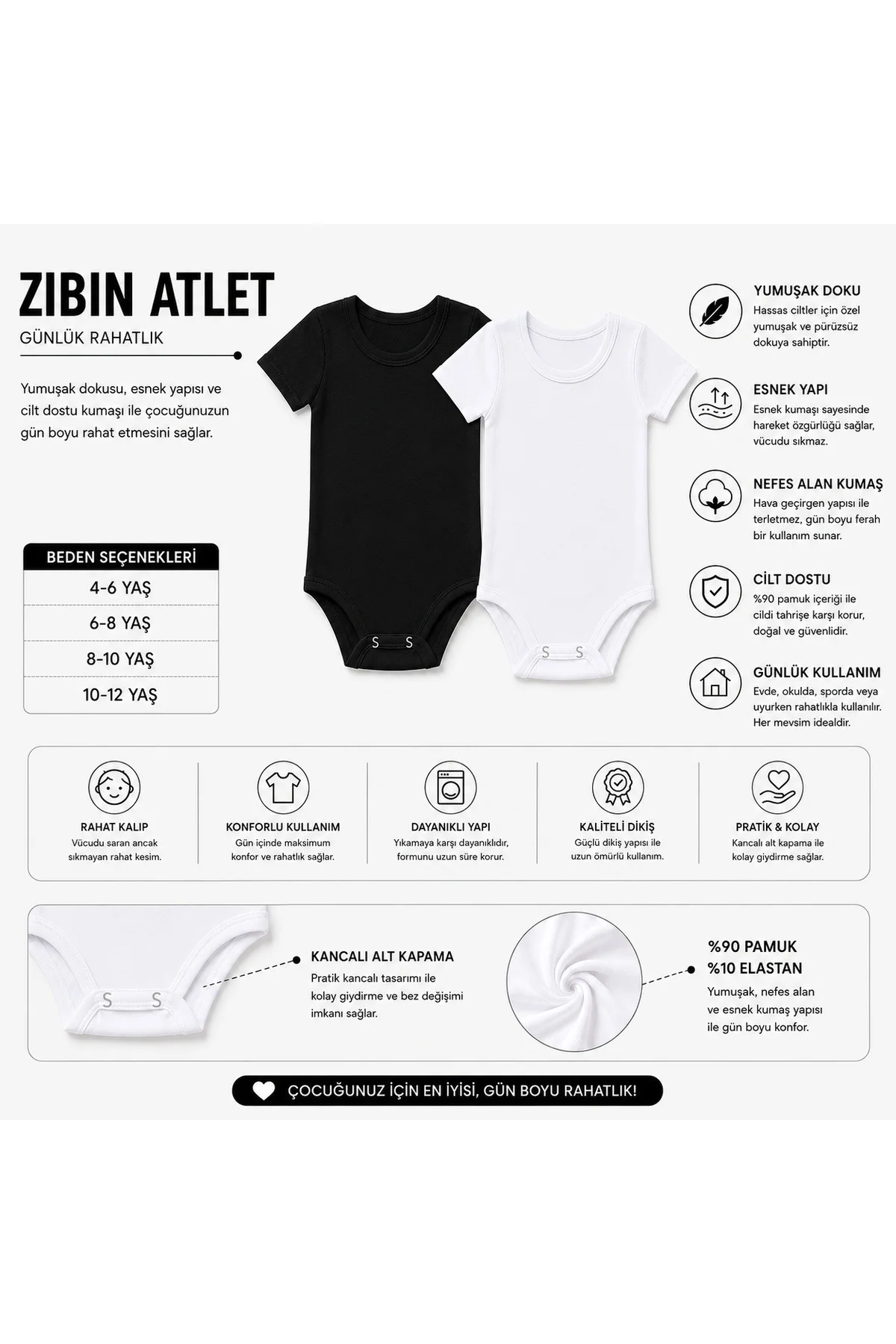 Çocuk Yarım Kollu Zıbın Atlet %90 Pamuk Esnek Kancalı Body Siyah Beyaz 4-12 Yaş Fiyatı, Yorumları ve Özellikleri