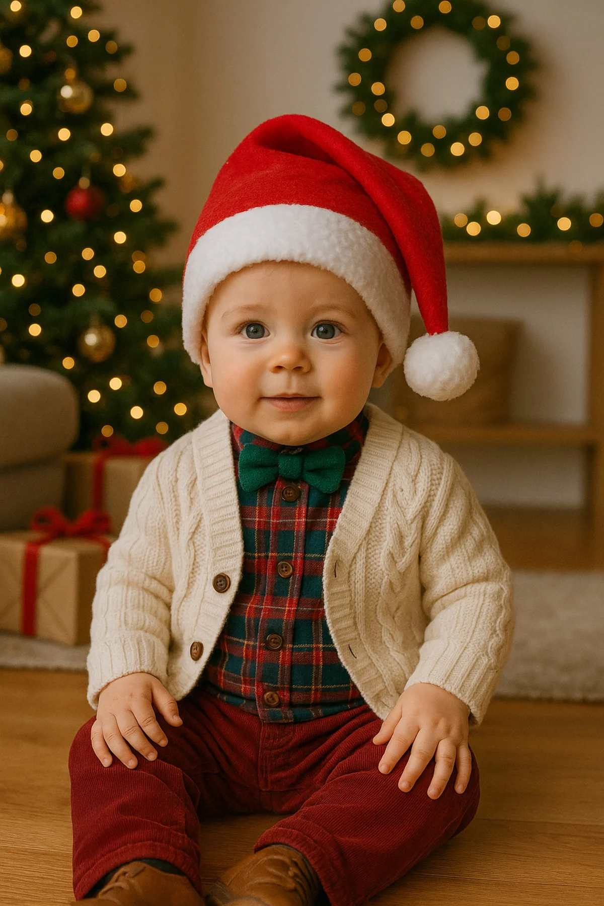 Çocuk Yılbaşı Noel Şapkası Polar Kumaşlı Beyaz Ponponlu Kırmızı P