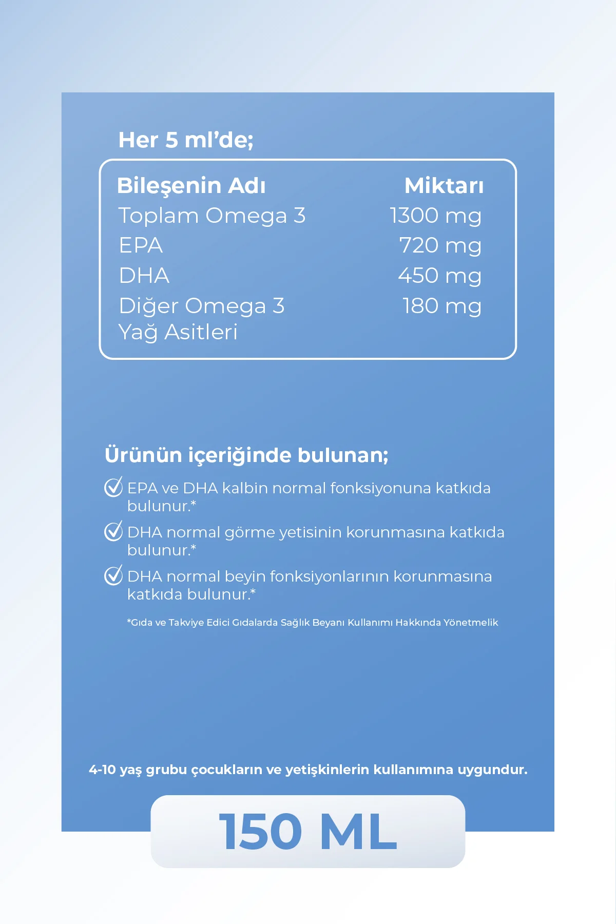 Çocuklar için Balık Yağı Omega 3 Portakal Aromalı Şurup | Yüksek EPA & DHA Kaynağı  - 150 ml