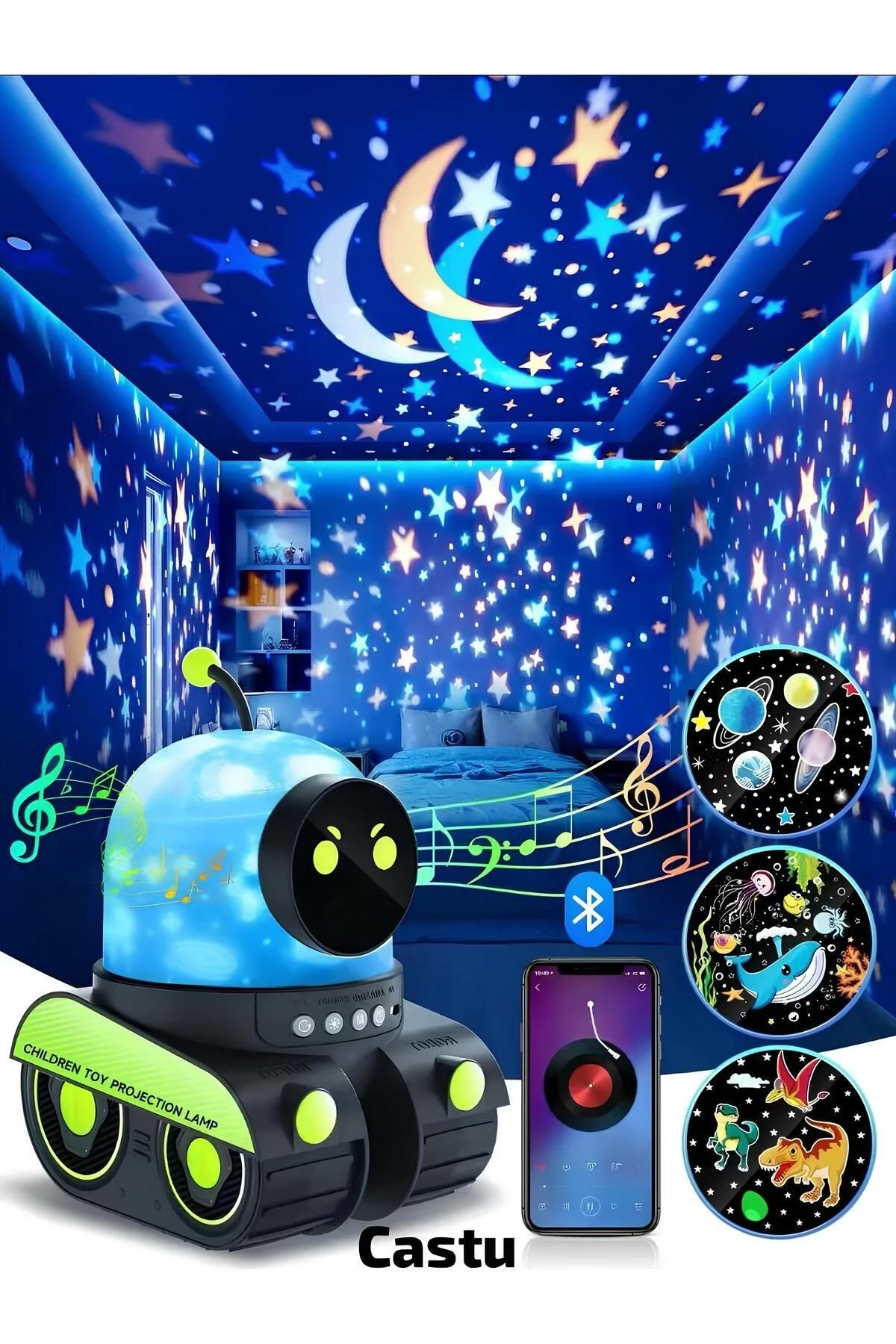 ÇOCUKLAR İÇİN EĞİTİCİ VE EĞLENCELİ ROBOT TEMALI PROJEKTÖR GECE LAMBASI