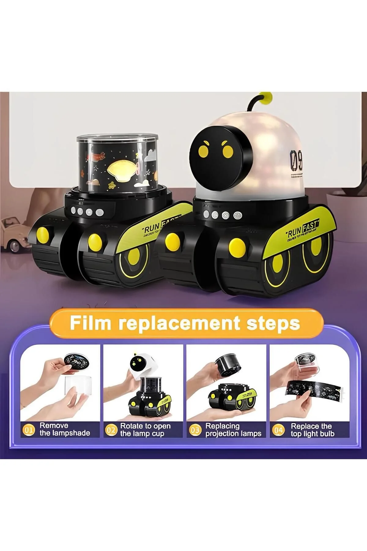 ÇOCUKLAR İÇİN EĞİTİCİ VE EĞLENCELİ ROBOT TEMALI PROJEKTÖR GECE LAMBASI