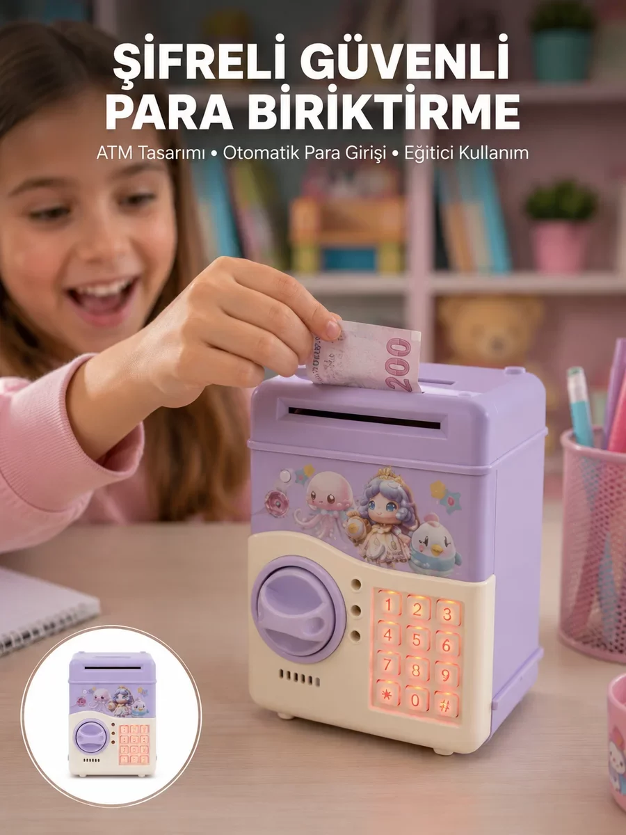 Çocuklar İçin Elektronik Şifreli Para Biriktirme Kumbarası Mor - ATM Tasarımı ve Sesli Işıklı Özellikli