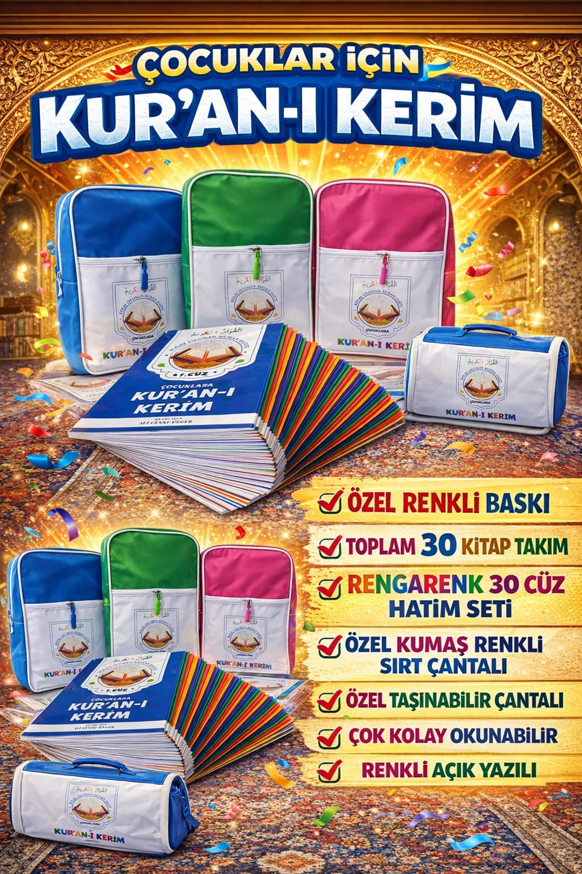 Çocuklar İçin Kur’an-ı Kerim 30 Cüz Hatim Seti Renkli Kuran Kerim