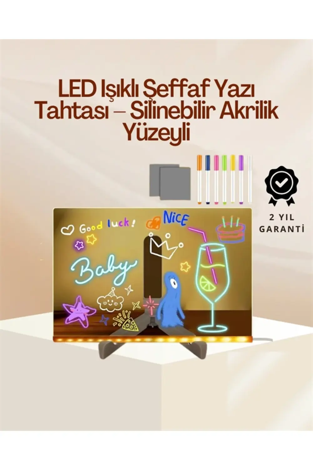 Çocuklar İçin Renkli LED Mesaj Tahtası – Neon Kalemli, Eğlenceli