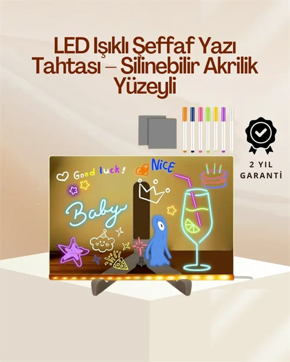 Çocuklar İçin Renkli LED Mesaj Tahtası – Neon Kalemli, Eğlenceli