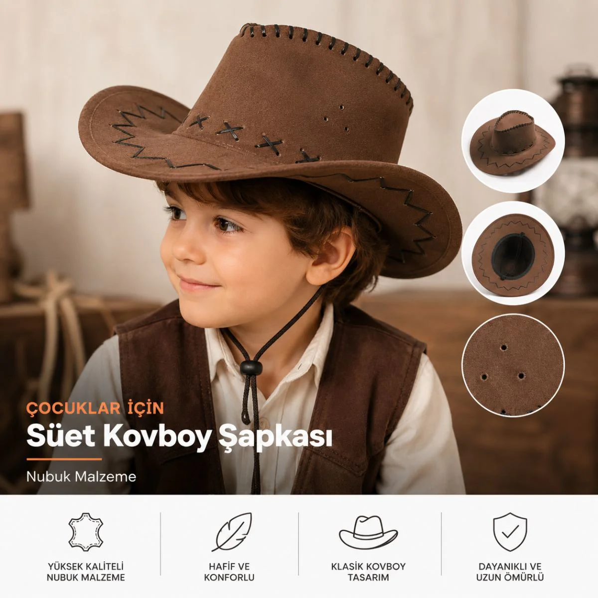 Çocuklar İçin Süet Kovboy Şapkası Nubuk Malzeme 54 No