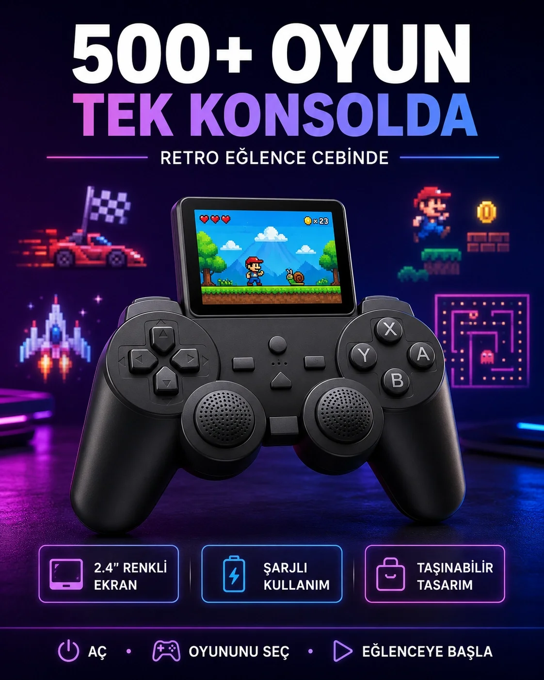 Çocuklar ve Yetişkinler İçin Uygun 500 Oyunlu Taşınabilir Mini Retro El Konsolu