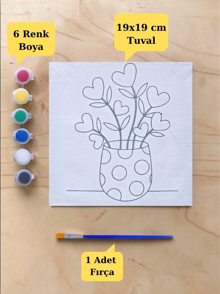 Çocuklara Özel Saksıda Çiçek Baskılı Tuval Boyama Aktivite Seti 1