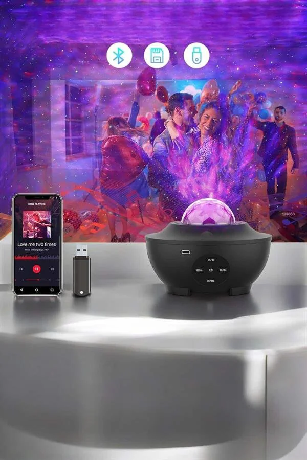 Çocuklara Özel Şarjlı Bluetooth Hoparlör Parti LED Lambası Yıldızlı Projeksiyon - Eğlenceli ve Güvenli Oda Atmosferi