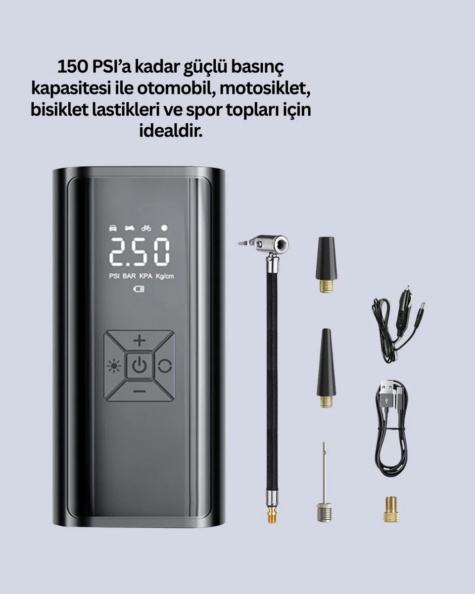 Çok Amaçlı 80W Kablosuz Hava Pompası - Bisiklet, Motosiklet ve Arabalar İçin