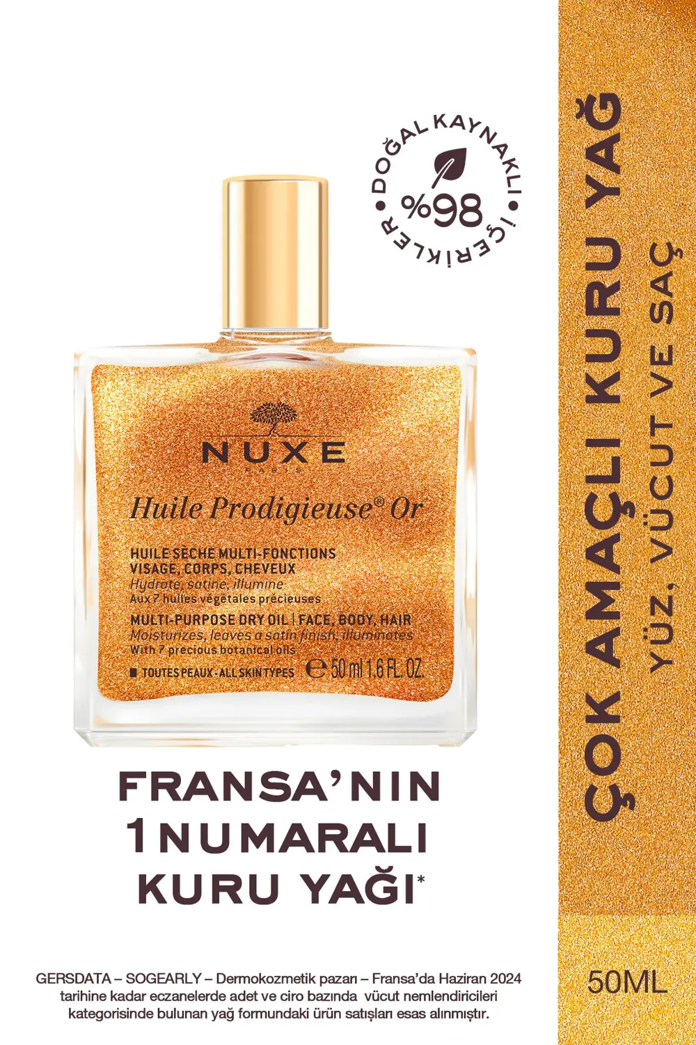 Çok Amaçlı Altın Parıltılı Kuru Yağ (Yüz, Vücut, Saç) 50 ml