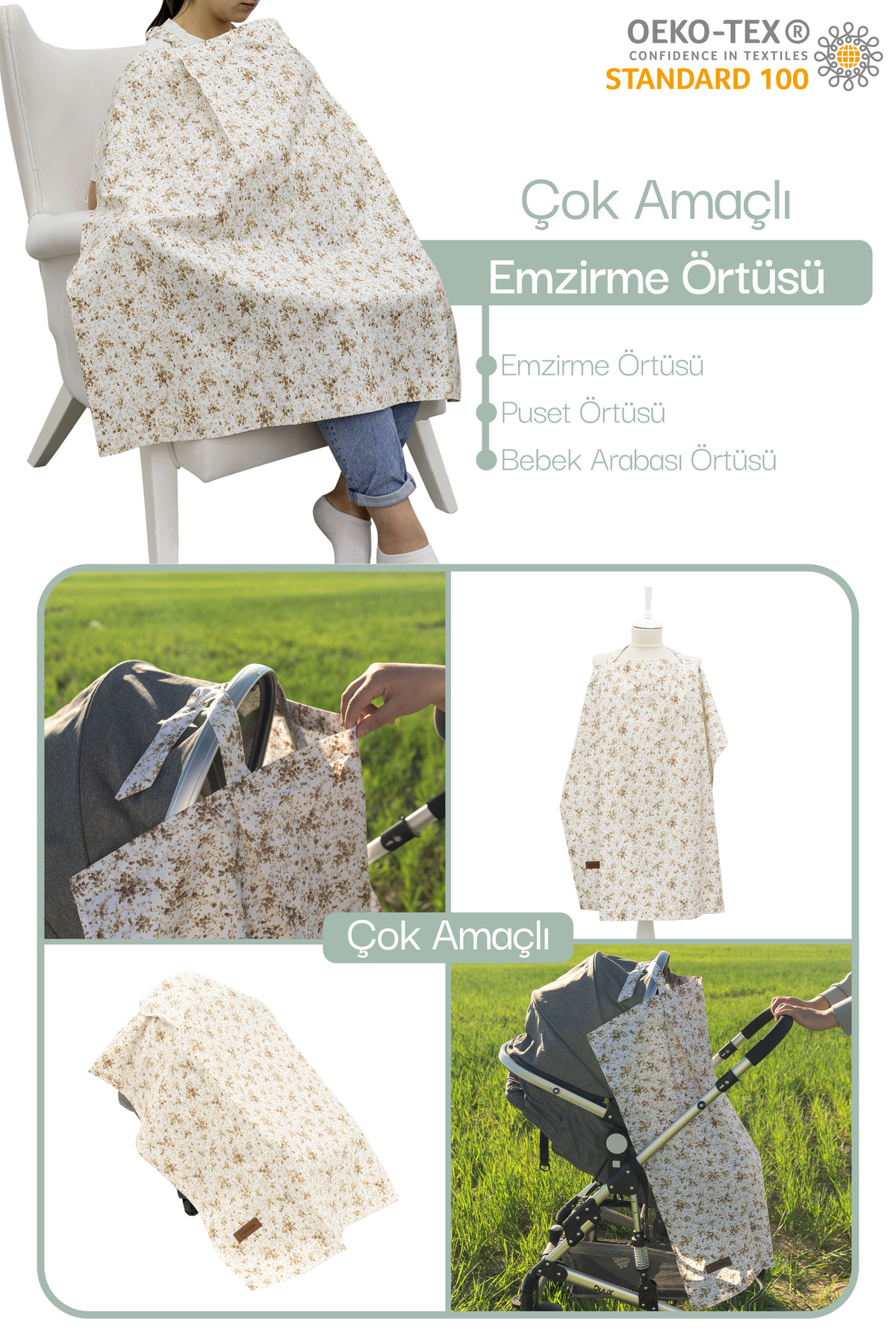 Mordesign Çok Amaçlı Bebek Emzirme Örtüsü/Önlüğü; Puset, Bebek Arabası Örtü