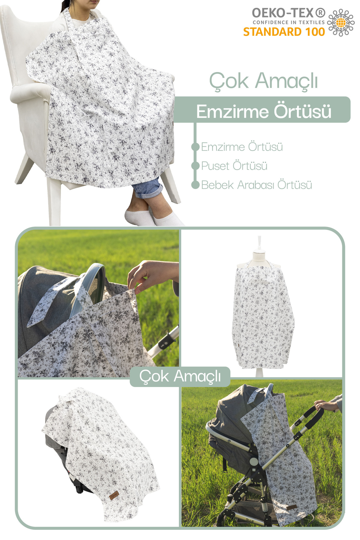 Mordesign Çok Amaçlı Bebek Emzirme Örtüsü/Önlüğü; Puset, Bebek Arabası Örtü