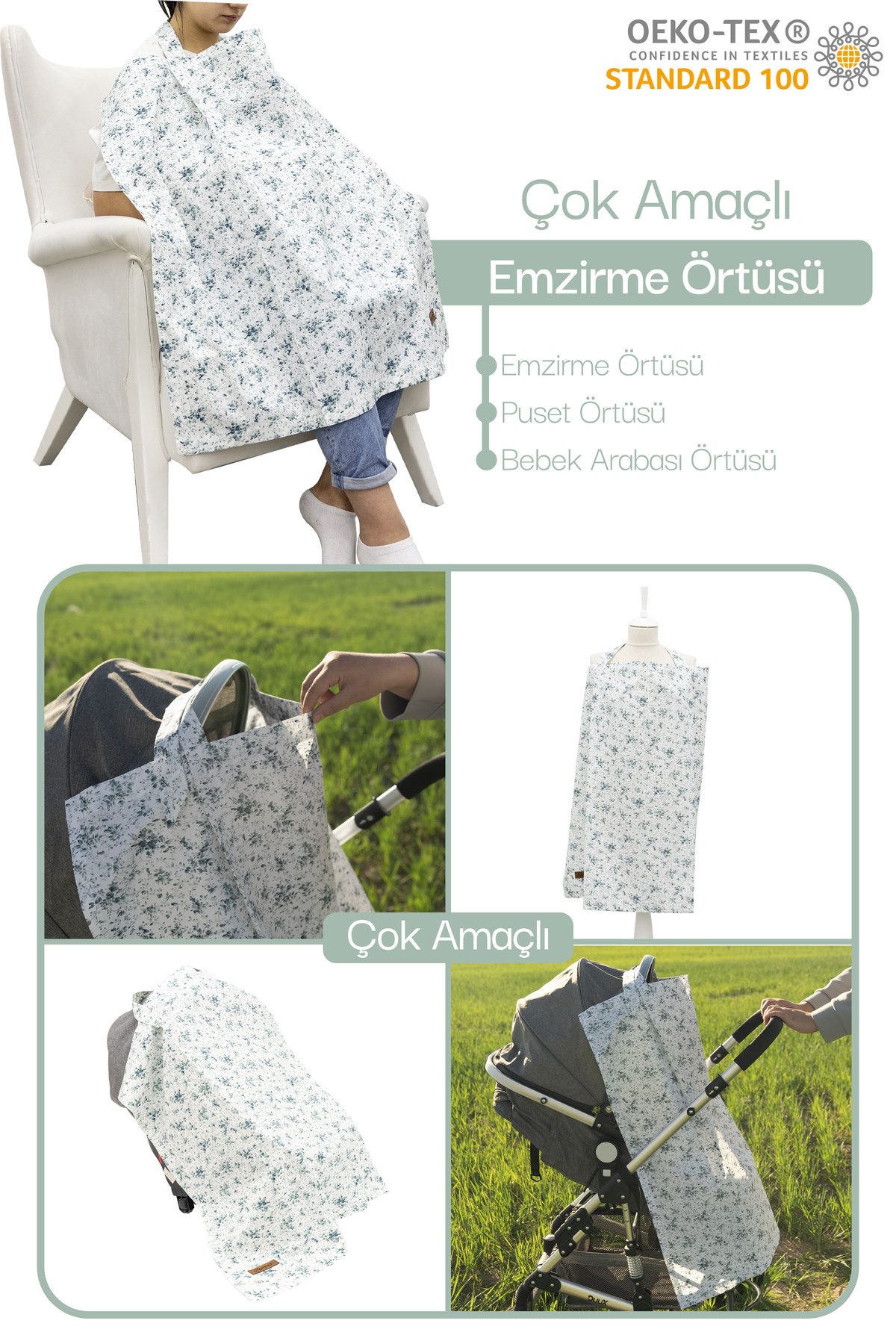 Mordesign Çok Amaçlı Bebek Emzirme Örtüsü/Önlüğü; Puset, Bebek Arabası Örtü