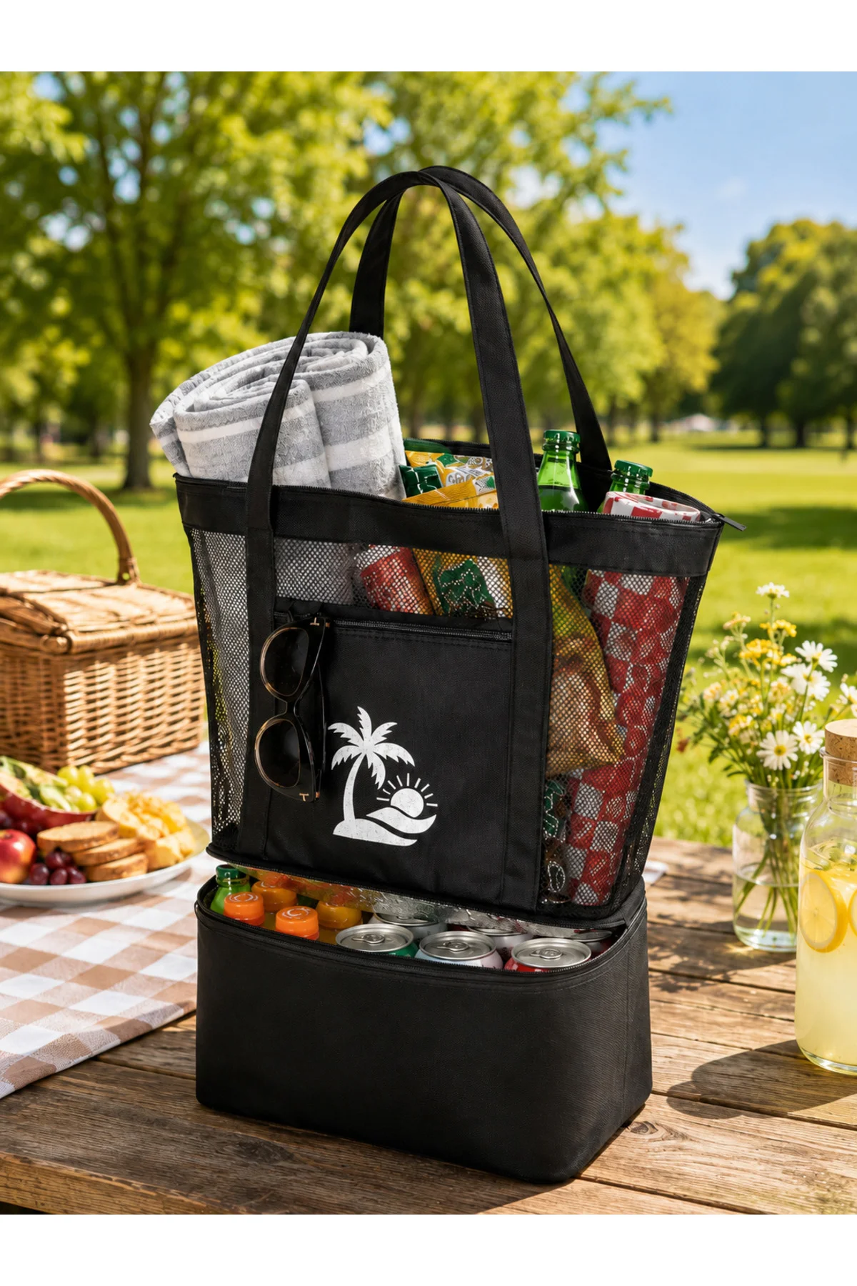 Çok Amaçlı Fileli Plaj ve Piknik Çantası – Termal Alt Bölmeli, Fermuarlı Cepli, Geniş Omuz Çantası