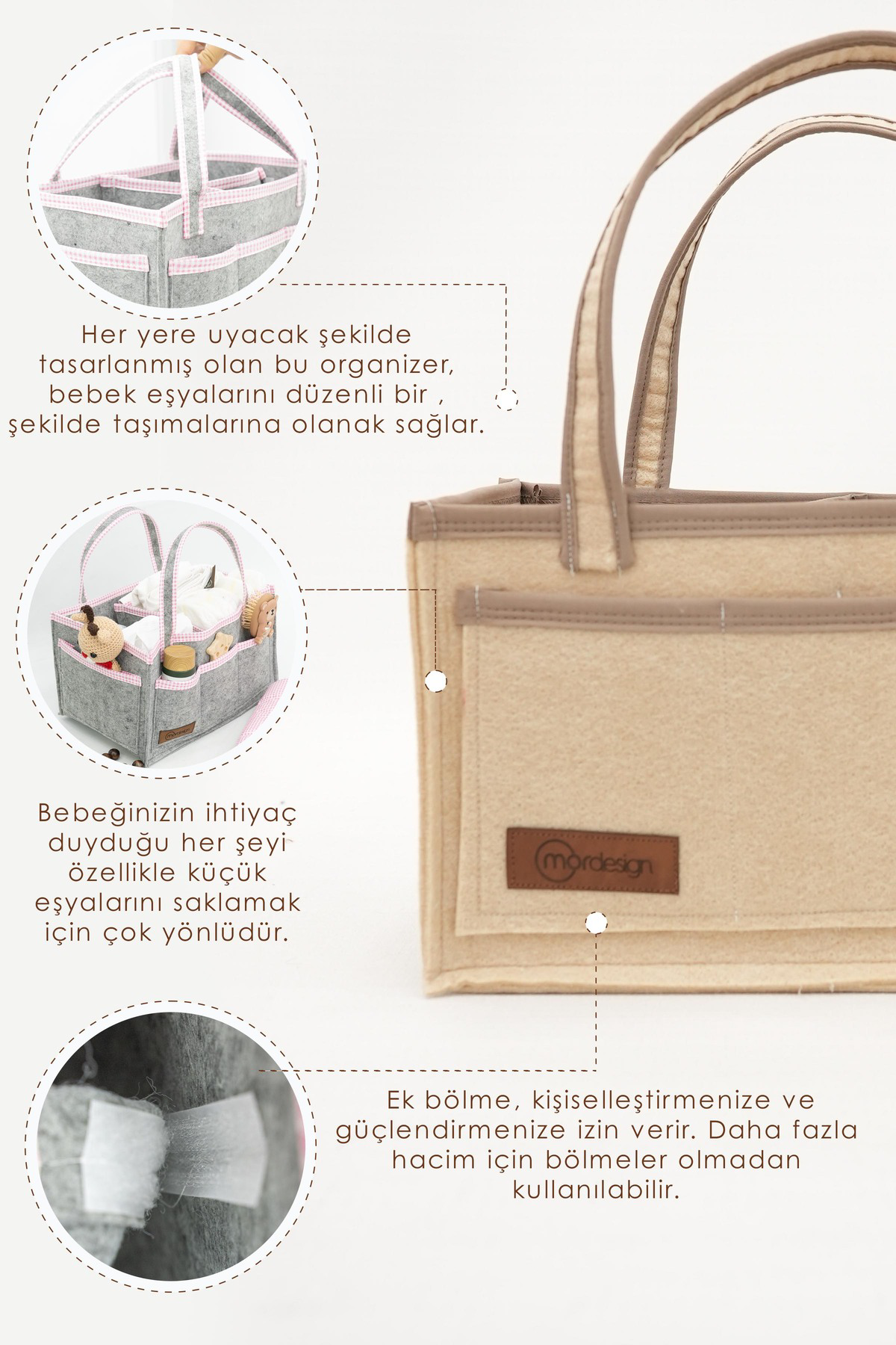 Mordesign Çok Amaçlı Kalın Keçe Anne Bebek Bakım Çantası, Dolap İçi Organiz