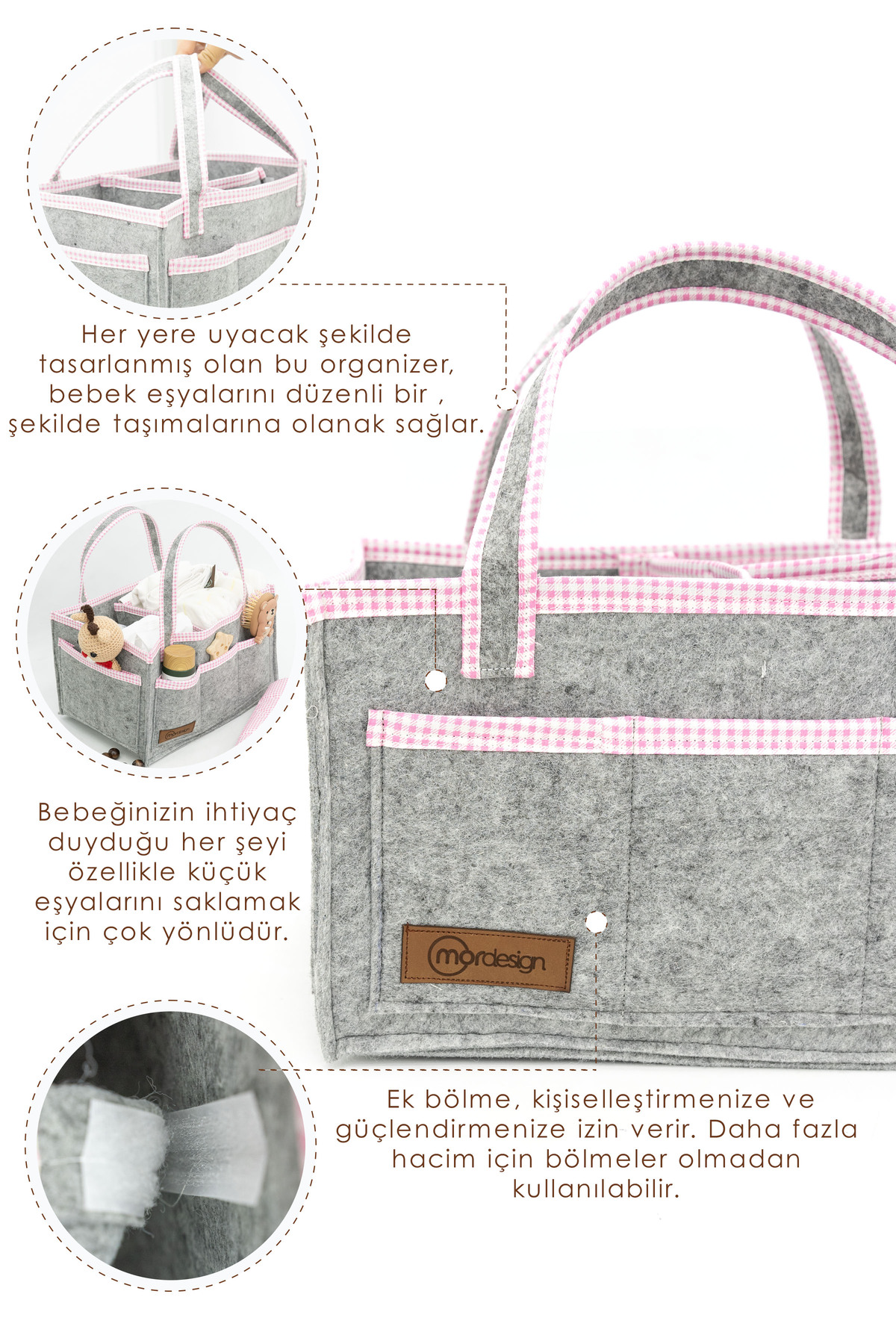 Çok Amaçlı Kalın Keçe Anne Bebek Bakım Çantası Pudra Biyeli, Dola