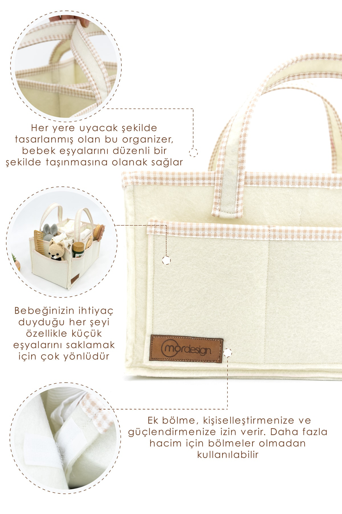 Mordesign Çok Amaçlı Kalın Keçe Anne Bebek Bakım Çantası, Dolap İçi Organiz