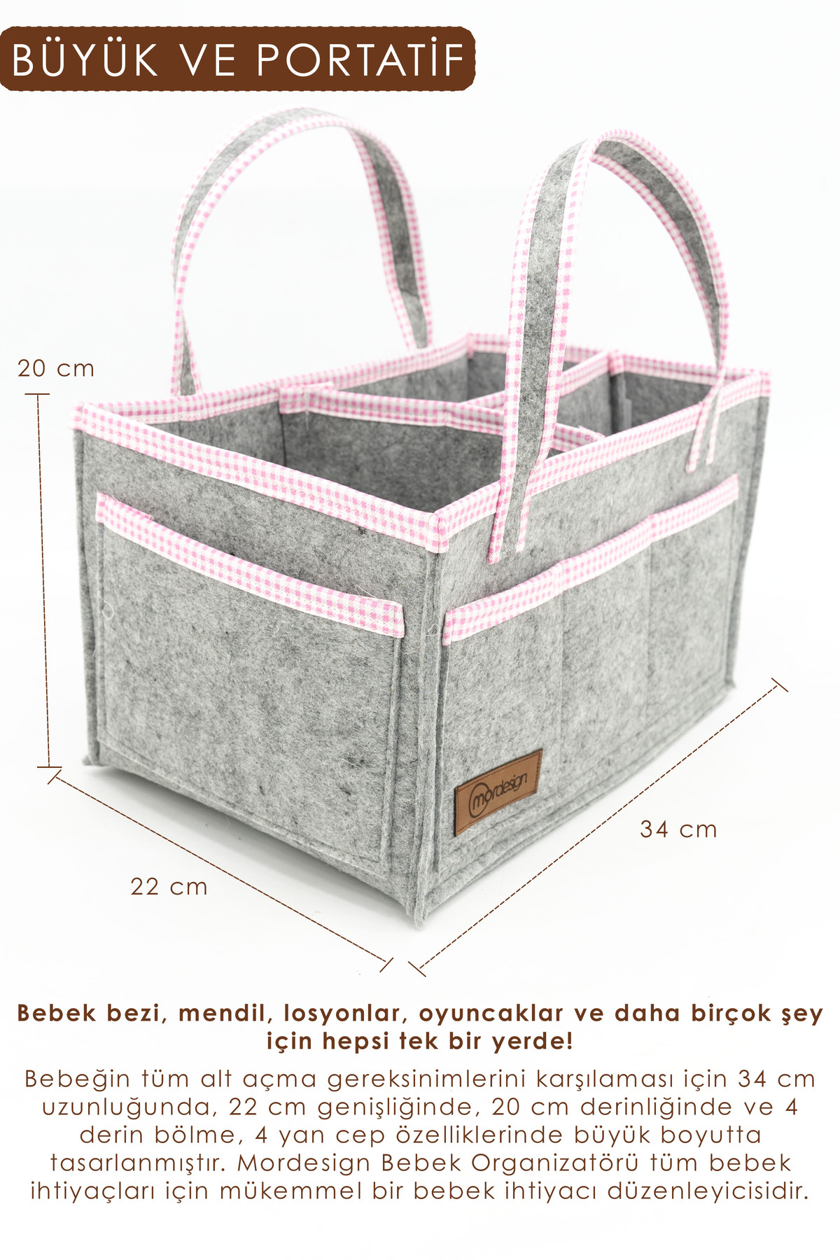 Çok Amaçlı Kalın Keçe Anne Bebek Bakım Çantası Pudra Biyeli, Dola