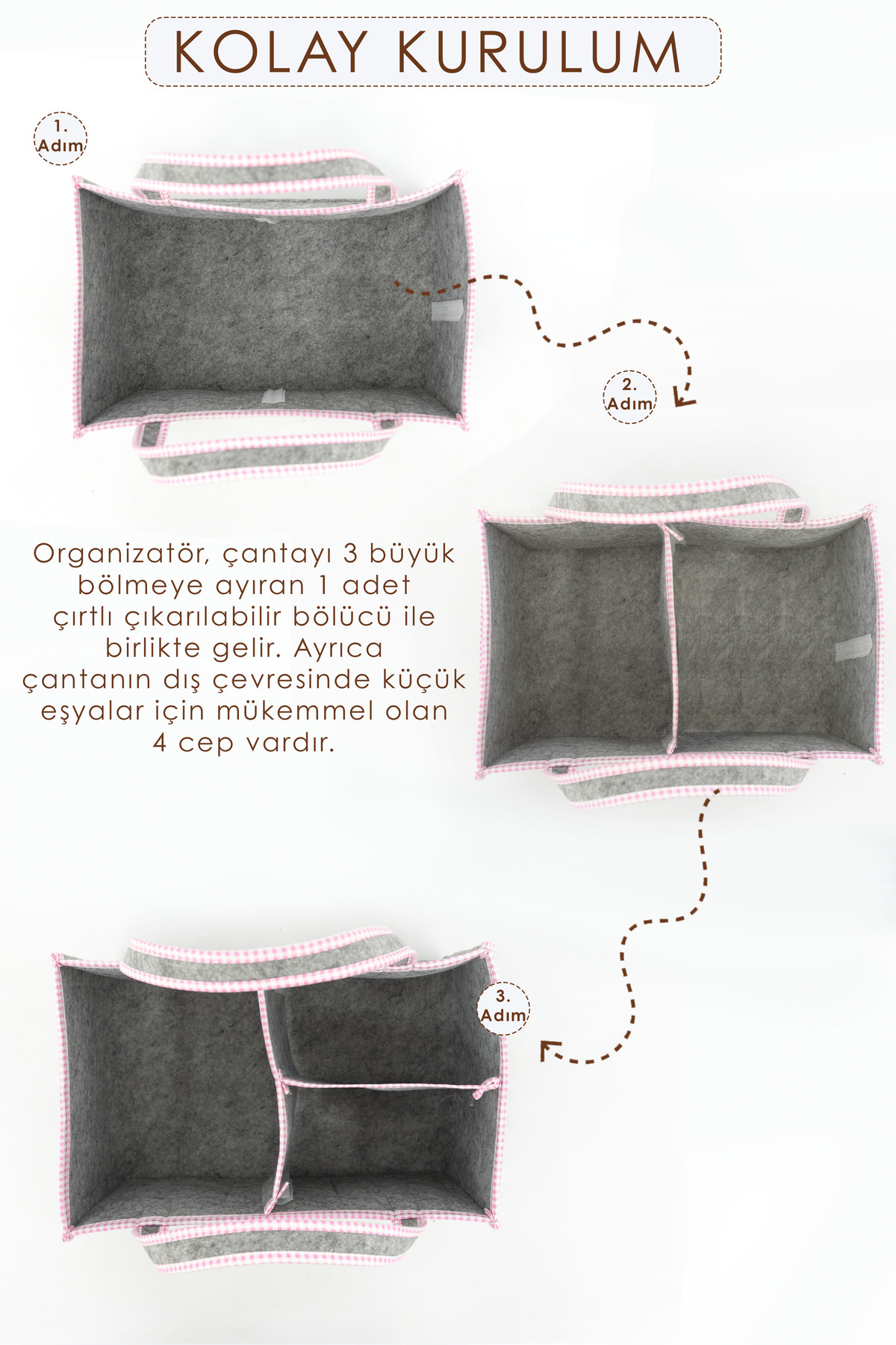 Çok Amaçlı Kalın Keçe Anne Bebek Bakım Çantası Pudra Biyeli, Dola