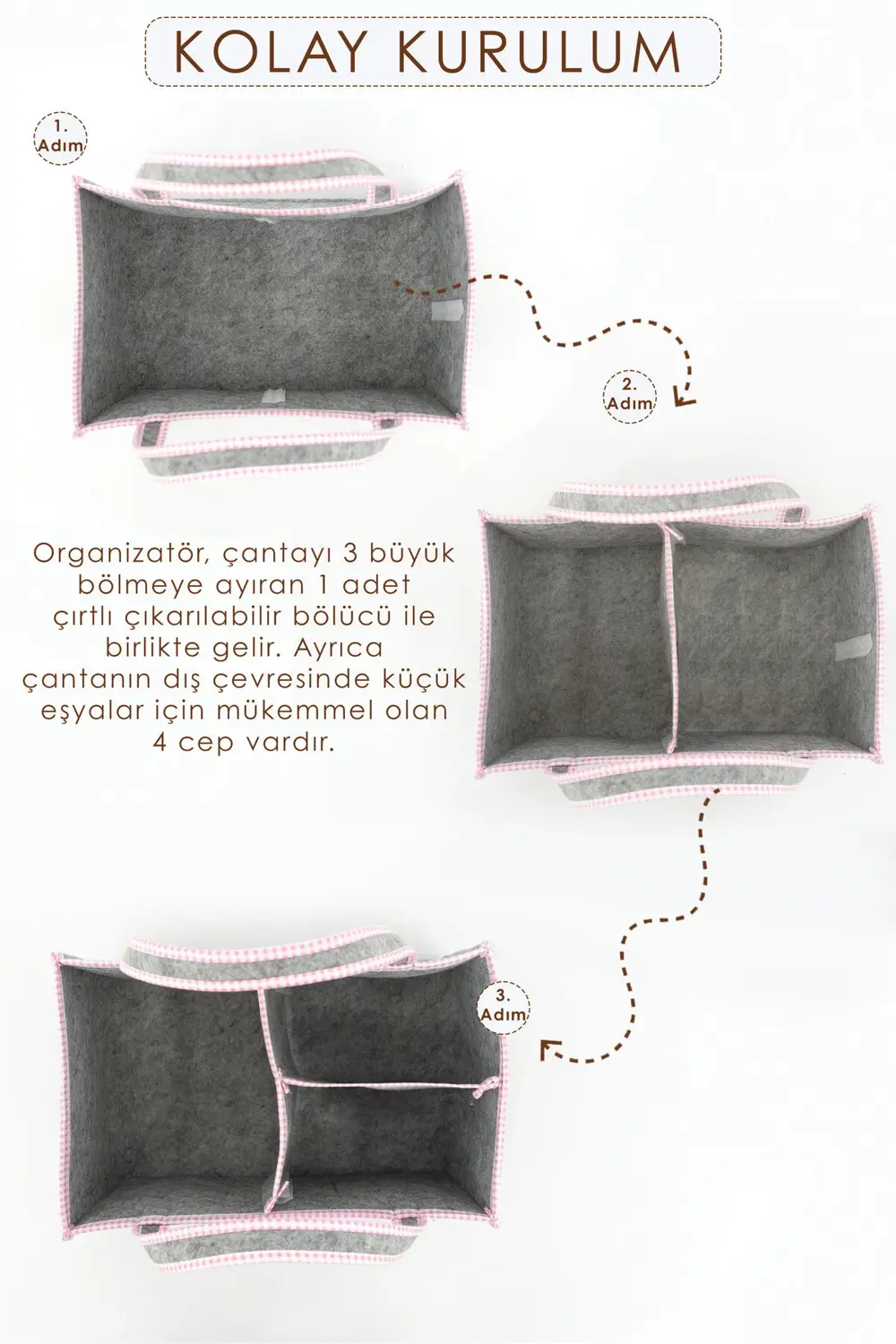 Çok Amaçlı Kalın Keçe Anne Bebek Bakım Çantası Pudra Biyeli, Dola