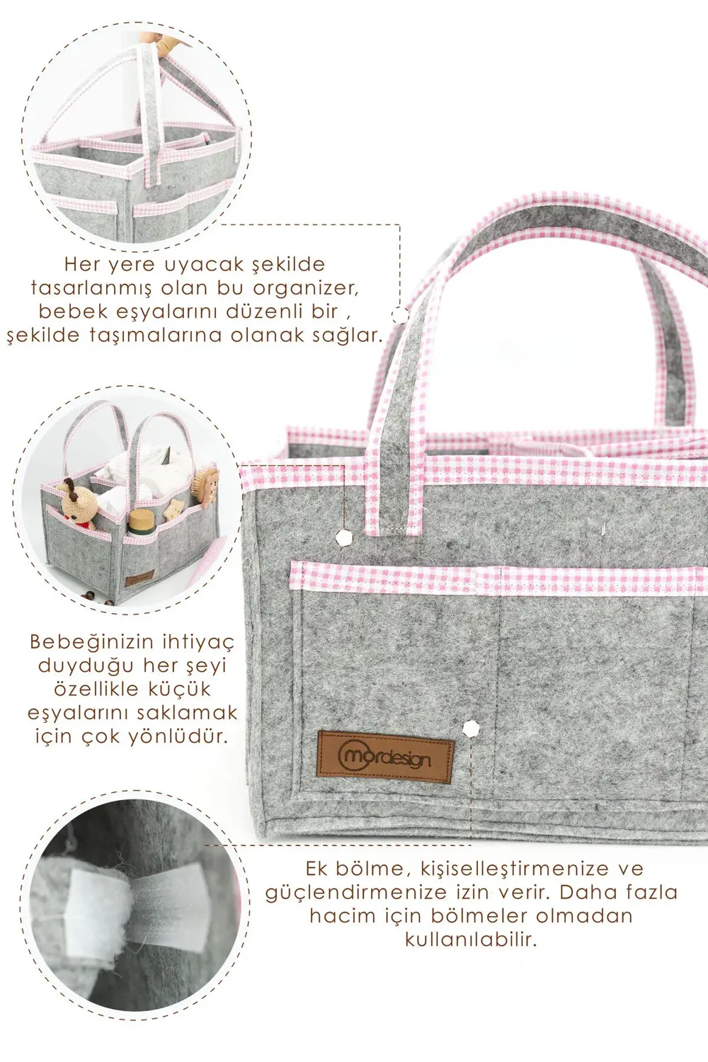 Çok Amaçlı Kalın Keçe Anne Bebek Bakım Çantası Pudra Biyeli, Dola