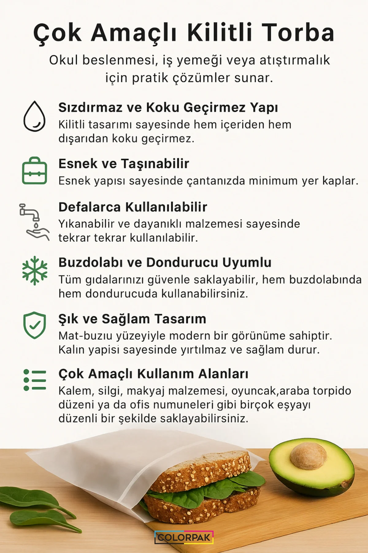 Çok Amaçlı Kilitli Torba (10 Adet) 23x31 cm kilitli kalın buzdola