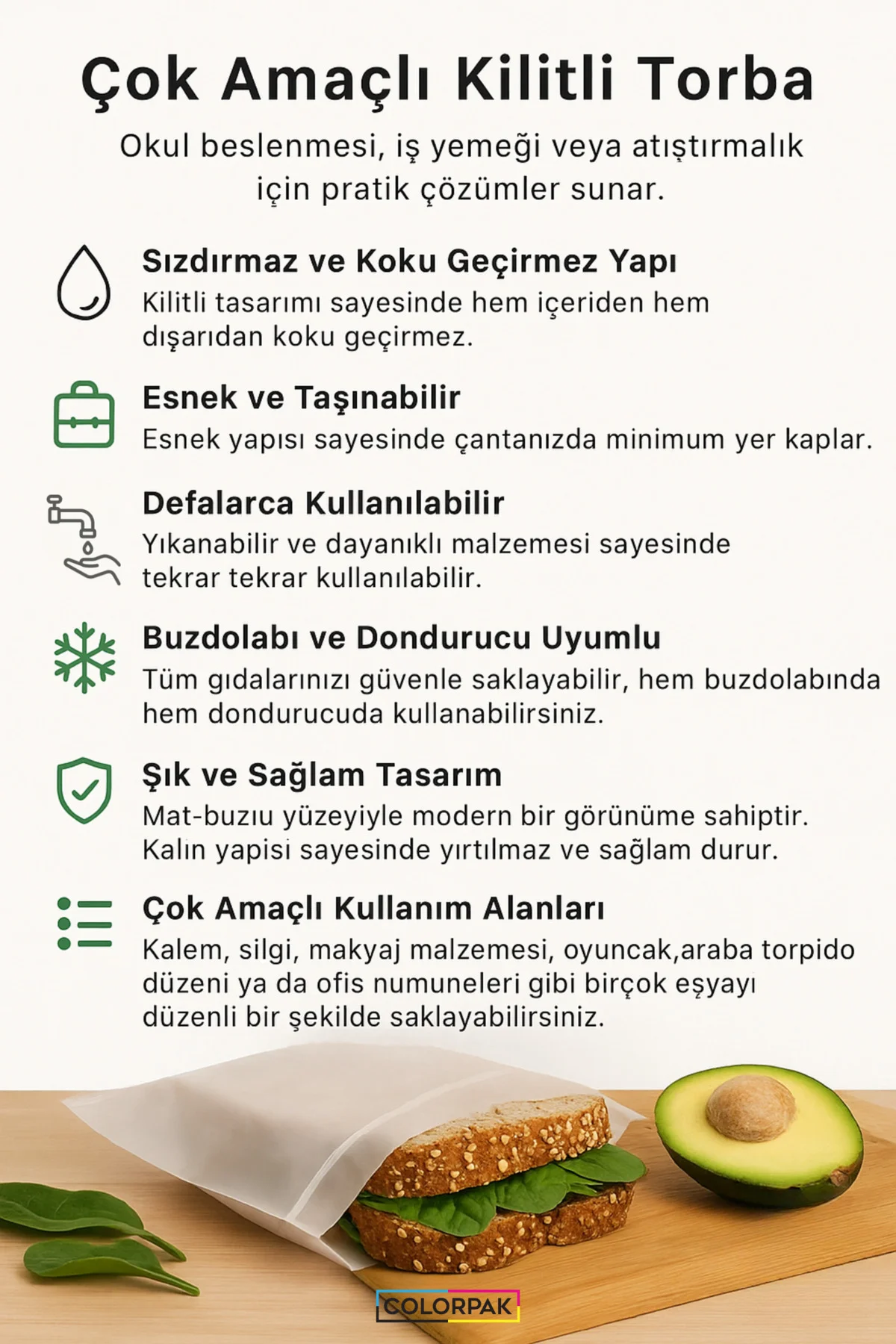 Çok Amaçlı Kilitli Torba (25 Adet) 23x31 cm kilitli kalın buzdolabı poşeti sandviç beslenme torbası - Görsel 2
