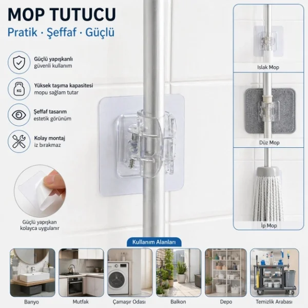 Çok Amaçlı Kıskaçlı Yapışkanlı Kablo ve Mop Tutucu