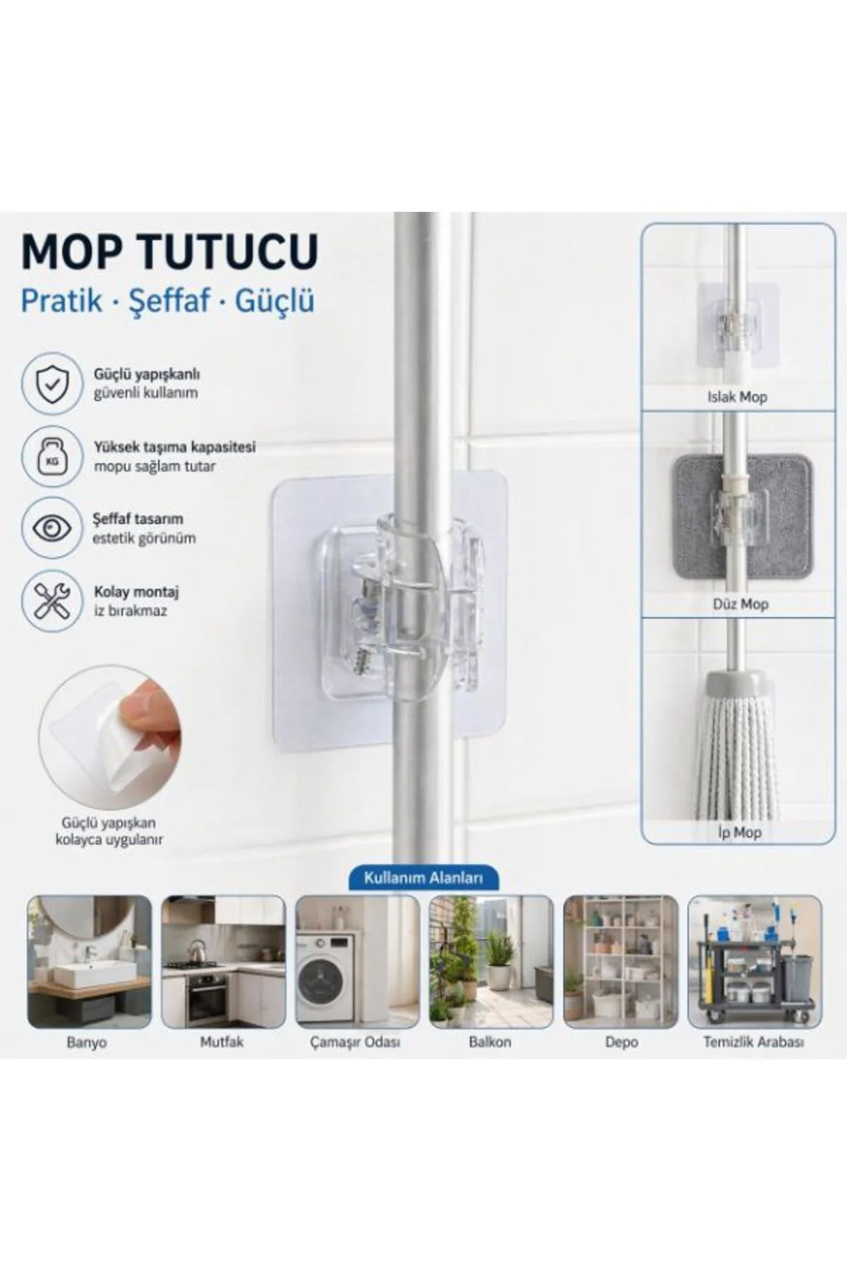 Çok Amaçlı Kıskaçlı Yapışkanlı Kablo ve Mop Tutucu