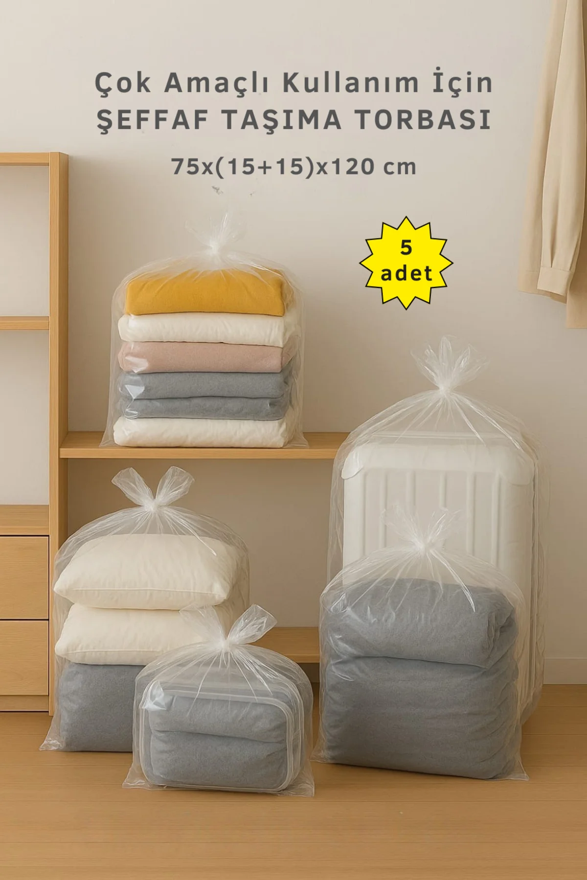 Çok Amaçlı Plastik Taşıma Torbası 75x(15+15)x120cm Şeffaf Renk (5