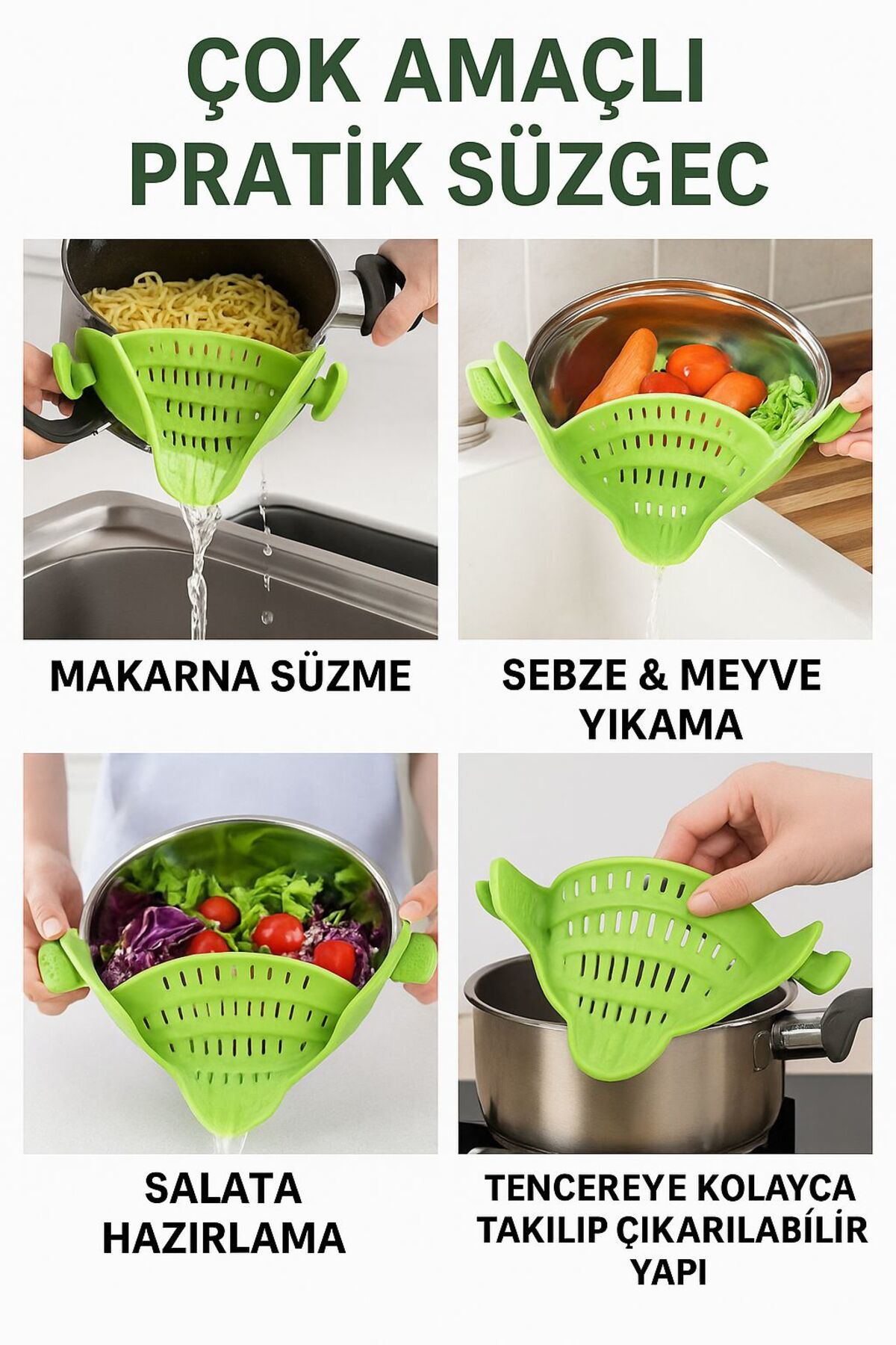 Çok Amaçlı Pratik Tencere Süzgeci – Silikon Klipsli Makarna Salat